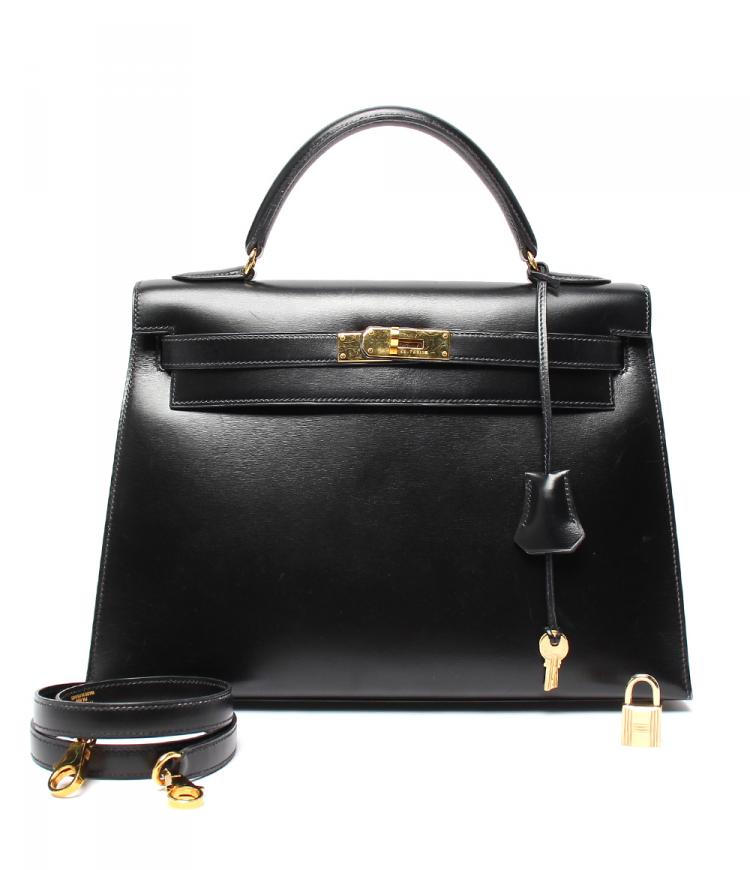 Pre Owned Hermes Black Box Calf Leather Gold Hardware Kelly 32 Bag
