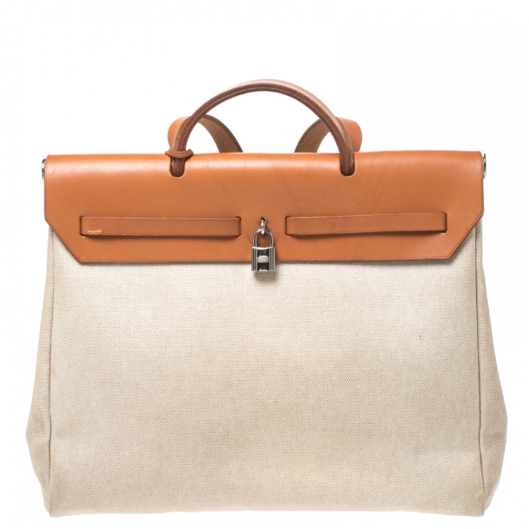 Pre Owned Hermes Beige/Natural Brown Canvas and Leather Herbag 39 bag