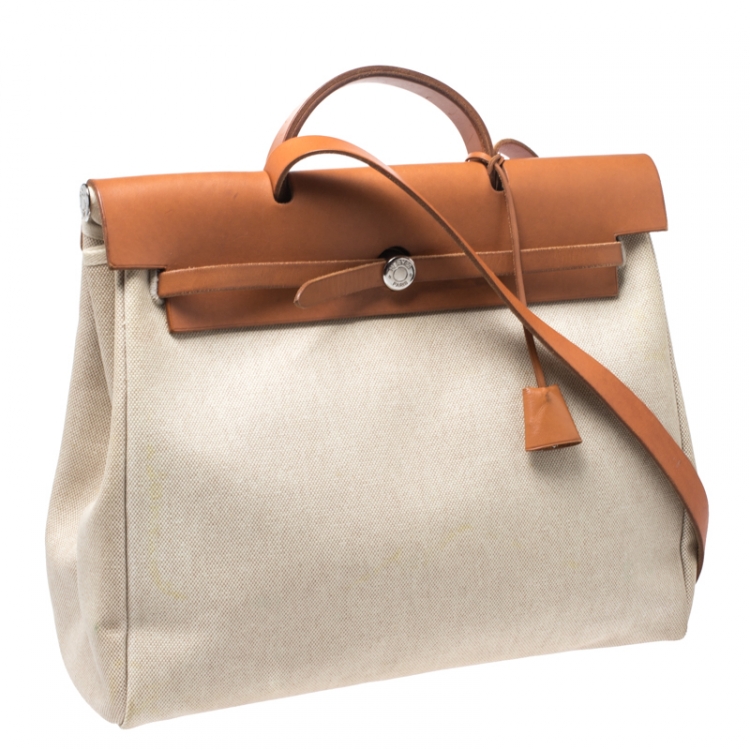 Pre Owned Hermes Beige/Natural Brown Canvas and Leather Herbag 39 bag