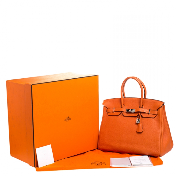 Pre Owned Hermes Orange Togo Leather Palladium Hardware Birkin 35 Bag