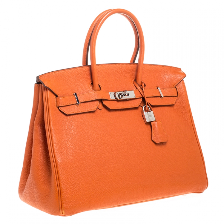 Pre Owned Hermes Orange Togo Leather Palladium Hardware Birkin 35 Bag