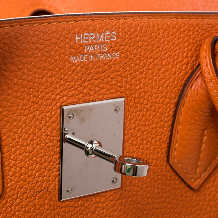 Pre Owned Hermes Orange Togo Leather Palladium Hardware Birkin 35 Bag