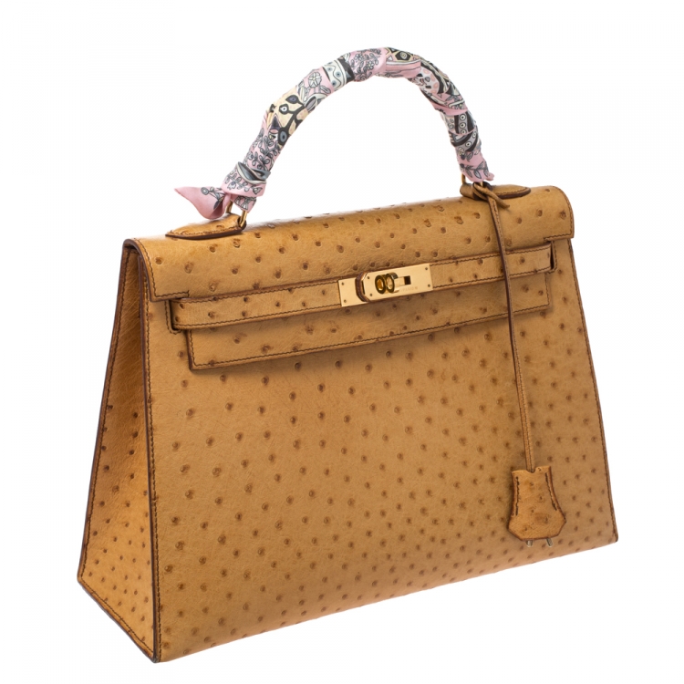 Pre Owned Hermes Natural Ostrich Gold Hardware Kelly Sellier 32 Bag
