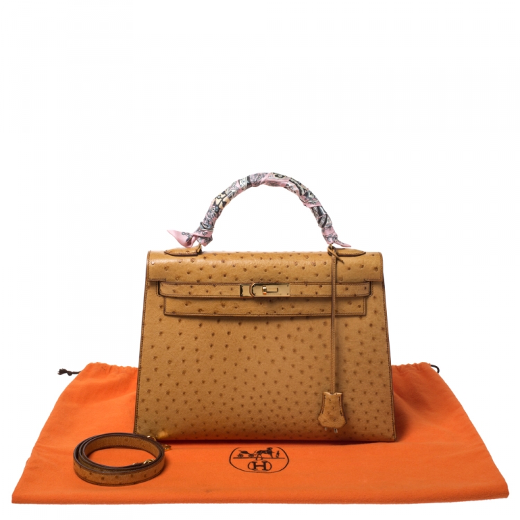 Pre Owned Hermes Natural Ostrich Gold Hardware Kelly Sellier 32 Bag