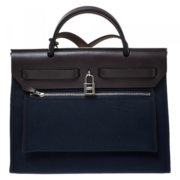 Pre Owned Hermes Blue Encre/Cacao Canvas and Leather Herbag Zip 31 Bag