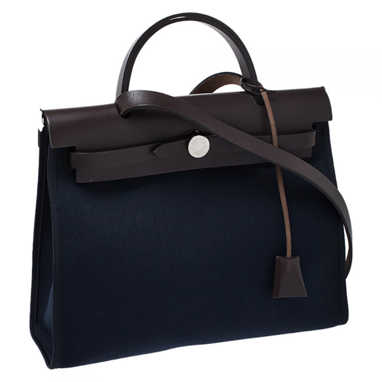 Pre Owned Hermes Blue Encre/Cacao Canvas and Leather Herbag Zip 31 Bag