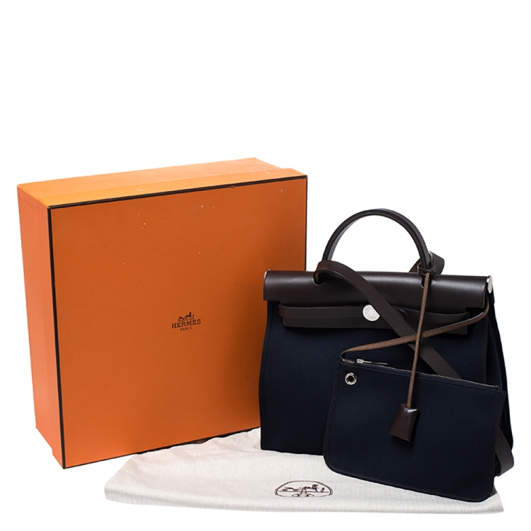 Pre Owned Hermes Blue Encre/Cacao Canvas and Leather Herbag Zip 31 Bag
