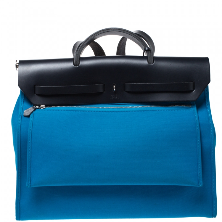 Pre Owned Hermes Blue Indigo/Blue Zanzibar Canvas and Leather Herbag Zip 39 Bag