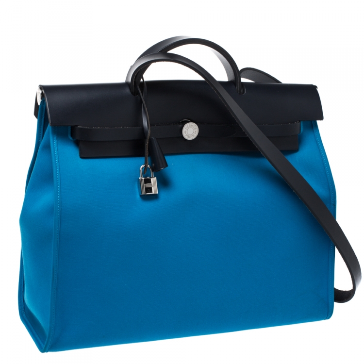 Pre Owned Hermes Blue Indigo/Blue Zanzibar Canvas and Leather Herbag Zip 39 Bag