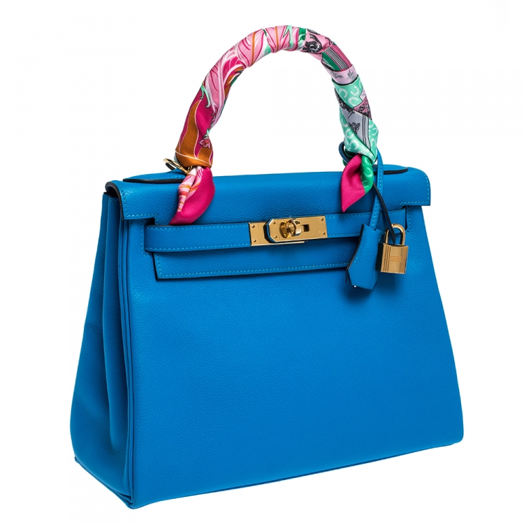 Pre Owned Hermes Blue Hydra Evercolor Leather Gold Hardware Kelly Retourne 28 Bag