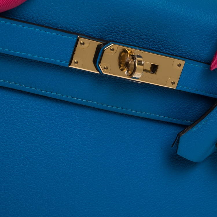 Pre Owned Hermes Blue Hydra Evercolor Leather Gold Hardware Kelly Retourne 28 Bag