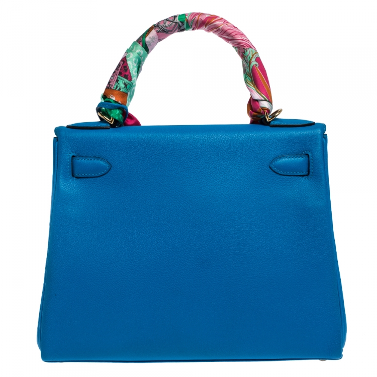 Pre Owned Hermes Blue Hydra Evercolor Leather Gold Hardware Kelly Retourne 28 Bag