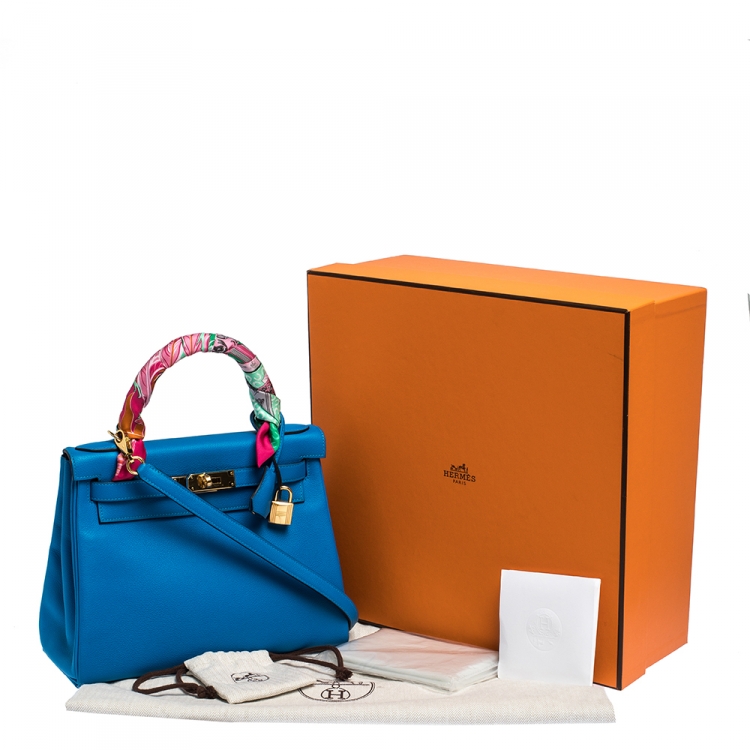 Pre Owned Hermes Blue Hydra Evercolor Leather Gold Hardware Kelly Retourne 28 Bag