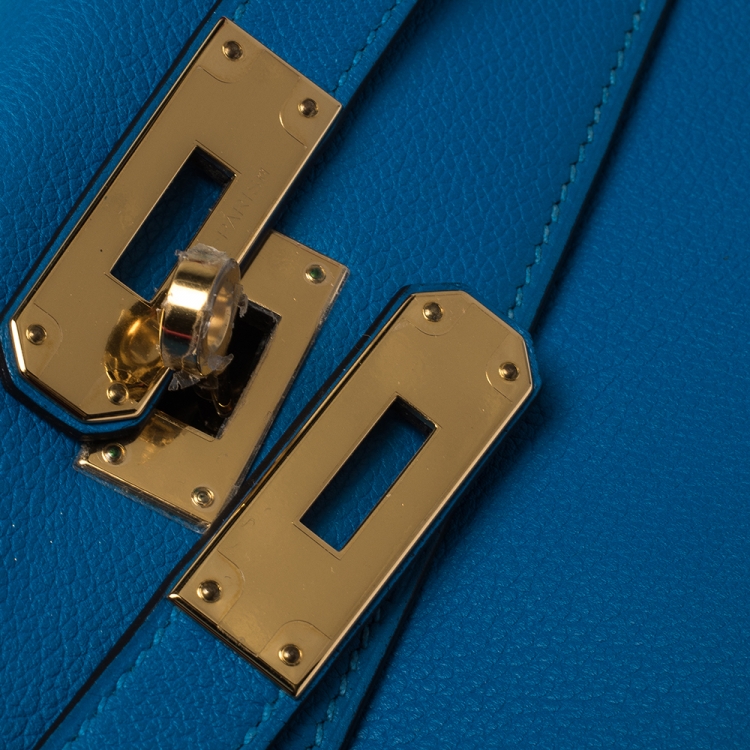 Pre Owned Hermes Blue Hydra Evercolor Leather Gold Hardware Kelly Retourne 28 Bag