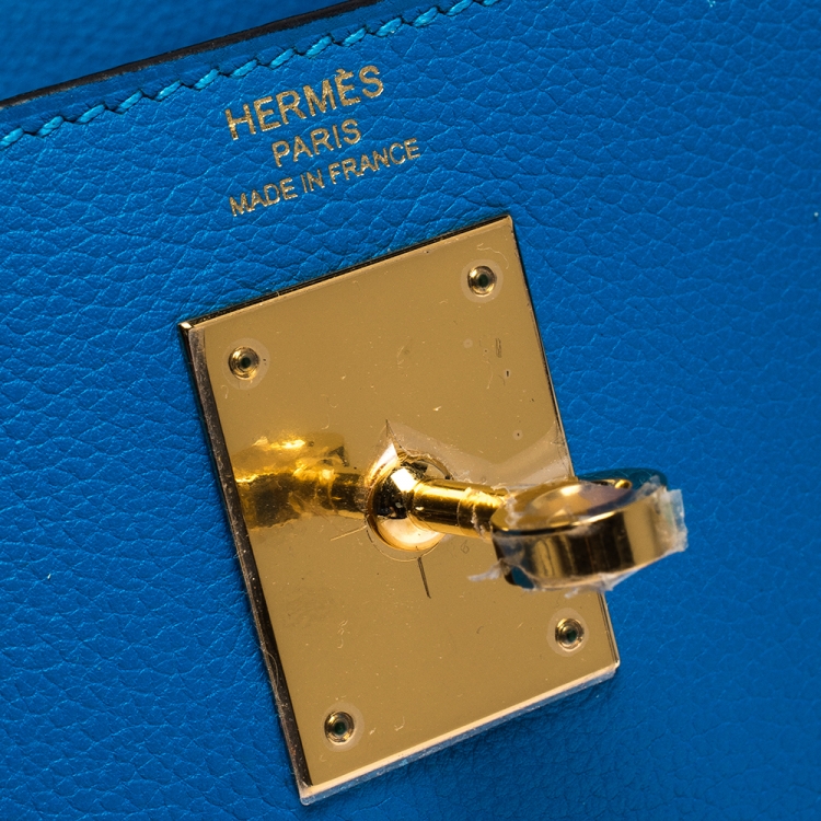 Pre Owned Hermes Blue Hydra Evercolor Leather Gold Hardware Kelly Retourne 28 Bag
