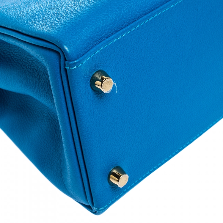 Pre Owned Hermes Blue Hydra Evercolor Leather Gold Hardware Kelly Retourne 28 Bag