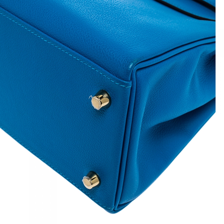 Pre Owned Hermes Blue Hydra Evercolor Leather Gold Hardware Kelly Retourne 28 Bag