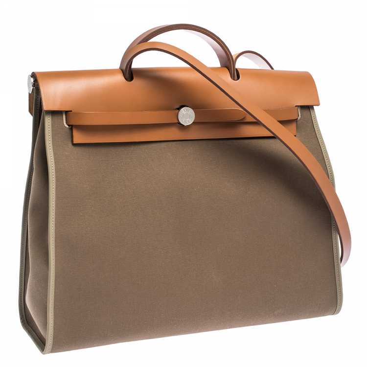 Pre Owned Hermes Natural/Khaki Canvas and Leather Herbag Zip 39 Bag