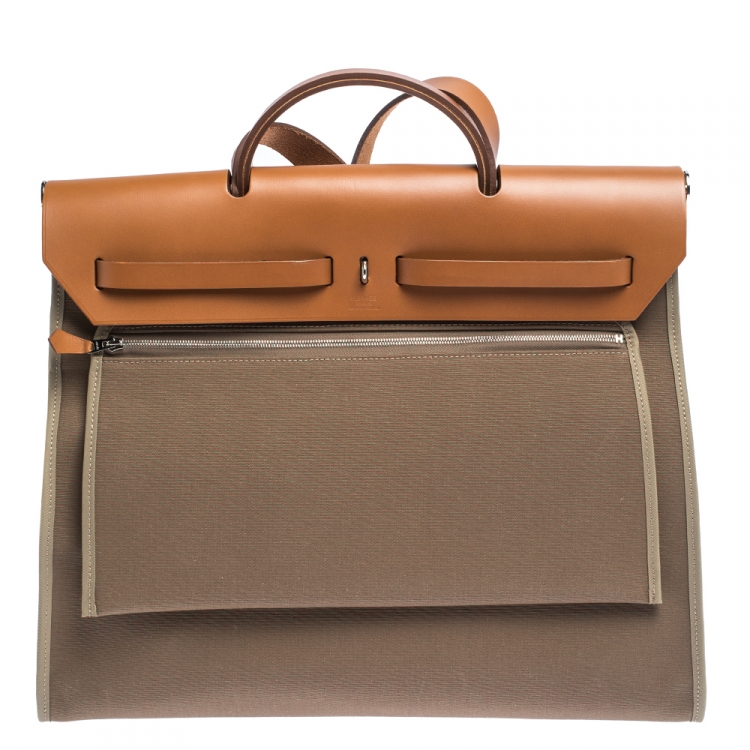 Pre Owned Hermes Natural/Khaki Canvas and Leather Herbag Zip 39 Bag