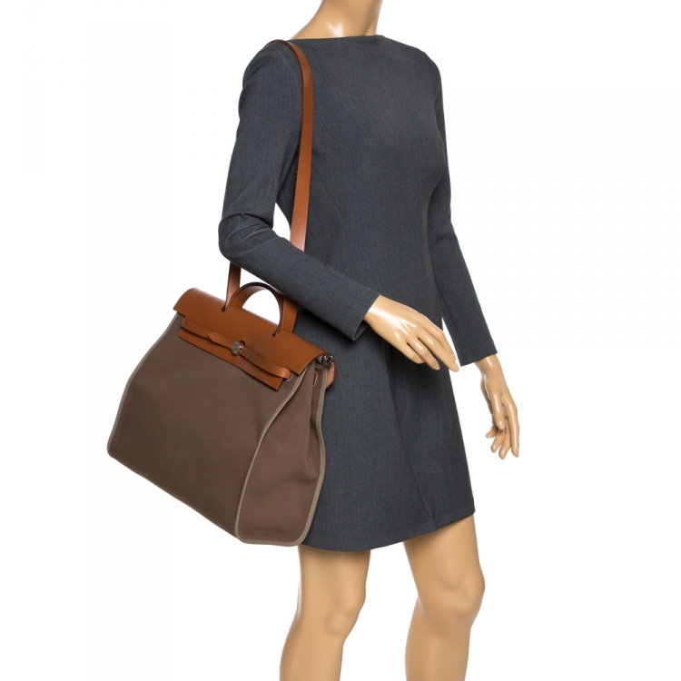 Pre Owned Hermes Natural/Khaki Canvas and Leather Herbag Zip 39 Bag