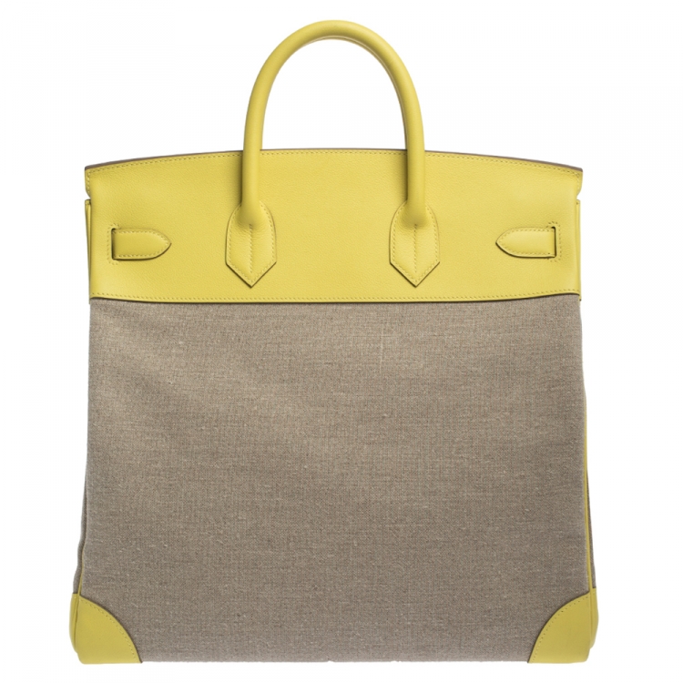 Pre Owned Hermes Soufre/Beige Canvas and Leather Palladium Hardware HAC Birkin 40 Bag