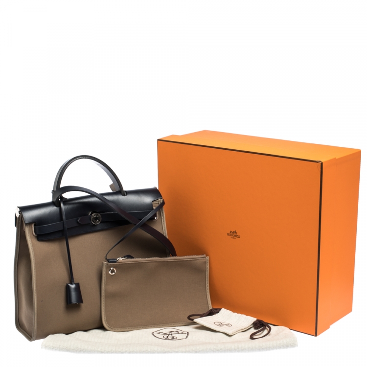 Pre Owned Hermes Blue Nuit/Khaki Canvas and Leather Herbag Zip 31 Bag