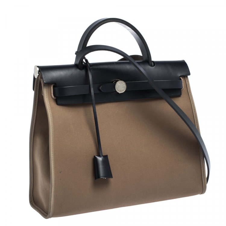 Pre Owned Hermes Blue Nuit/Khaki Canvas and Leather Herbag Zip 31 Bag