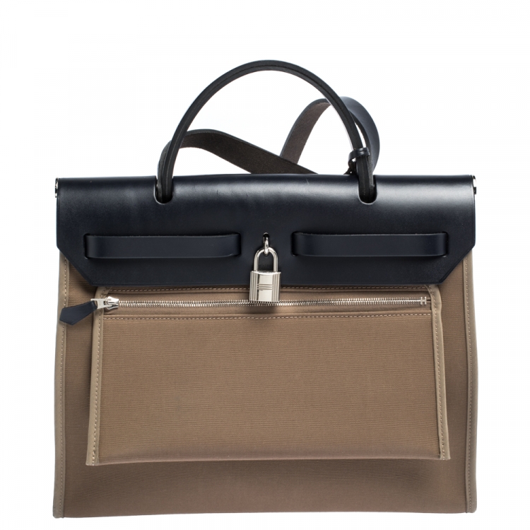 Pre Owned Hermes Blue Nuit/Khaki Canvas and Leather Herbag Zip 31 Bag