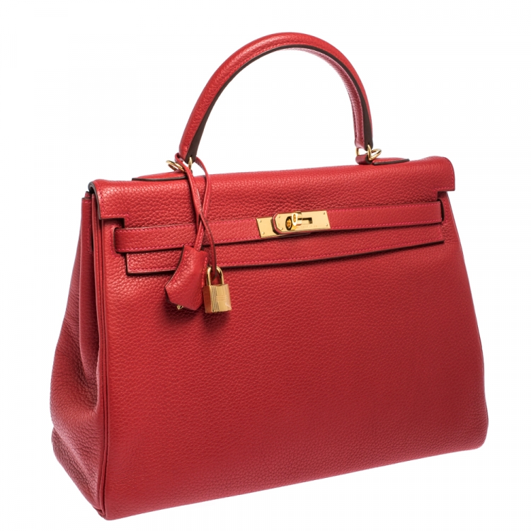 Pre Owned Hermes Rouge Casaque Togo Leather Gold Hardware Kelly Retourne 35 Bag