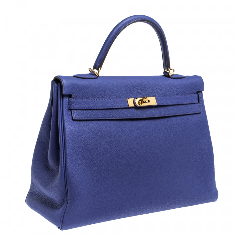 Pre Owned Hermes Blue Encre Evercolor Leather Gold Hardware Kelly Retourne 35 Bag