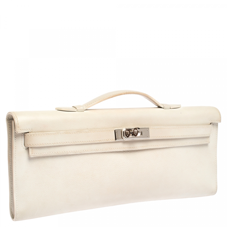 Pre Owned Hermes White Swift Leather Palladium Hardware Kelly Cut Clutch