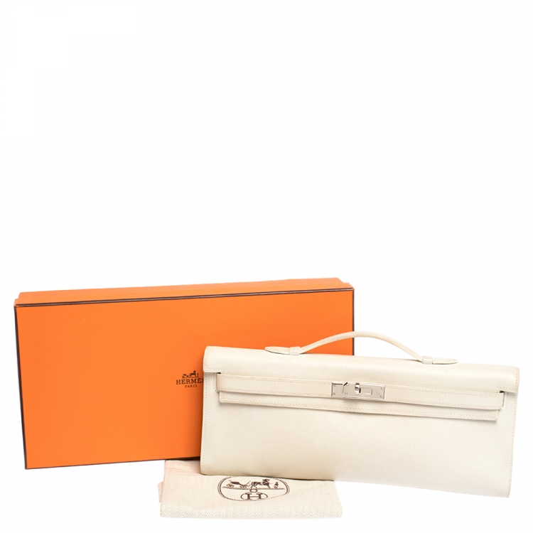 Pre Owned Hermes White Swift Leather Palladium Hardware Kelly Cut Clutch