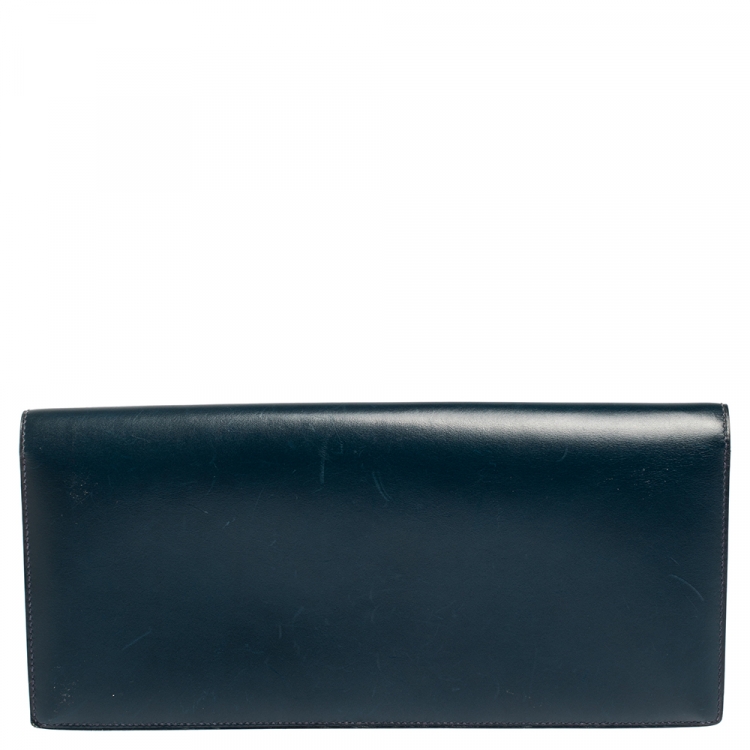 Pre Owned Hermes Blue De Galice Box Calf Leather Palladium Hardware Verrou Clutch