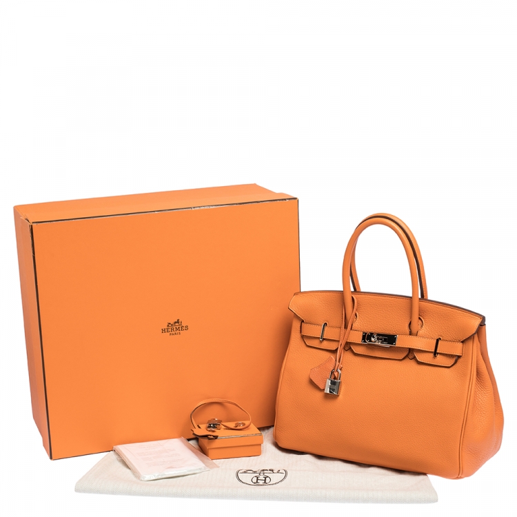 Pre Owned Hermes Orange Togo Leather Palladium Hardware Birkin 30 Bag