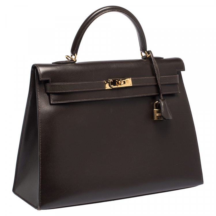 مملوكة مسبقًا Hermes Cacao Box Calf Leather Gold Hardware Kelly Sellier 35 Bag