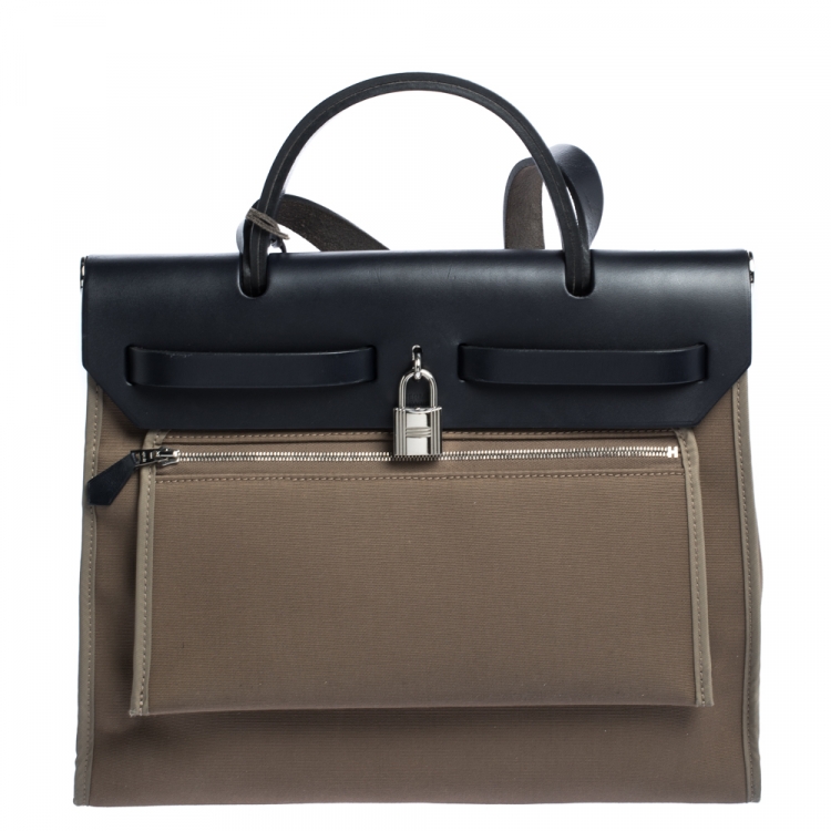 Pre Owned Hermès Bleu Indigo/Khaki Canvas and Leather Herbag Zip 31 Bag