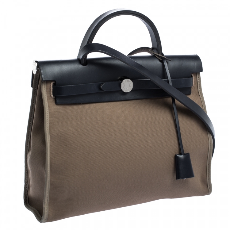 Pre Owned Hermès Bleu Indigo/Khaki Canvas and Leather Herbag Zip 31 Bag