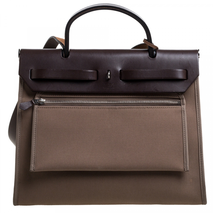 Pre Owned Hermes Khaki/Brown Canvas and Leather Herbag Zip 31 Bag