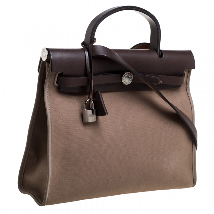 Pre Owned Hermes Khaki/Brown Canvas and Leather Herbag Zip 31 Bag