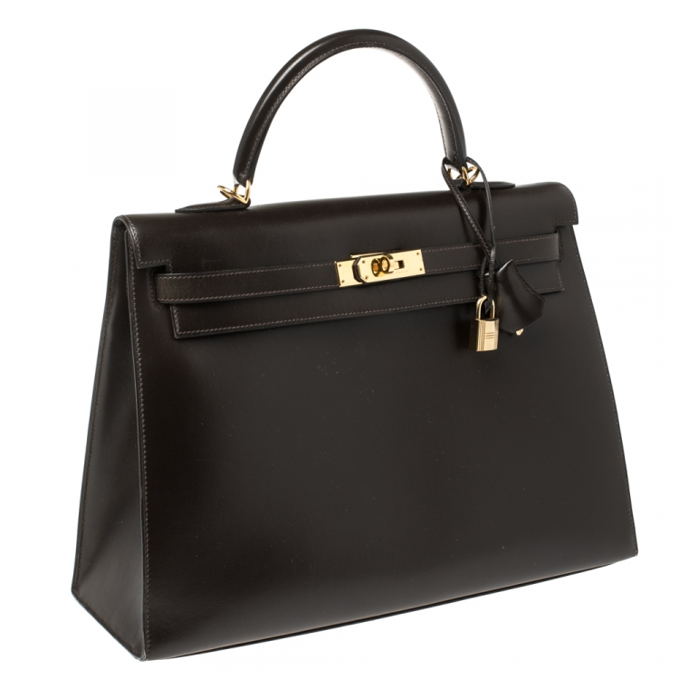 Pre Owned Hermes Cacao Box Calf Leather Gold Hardware Kelly Sellier 35 Bag