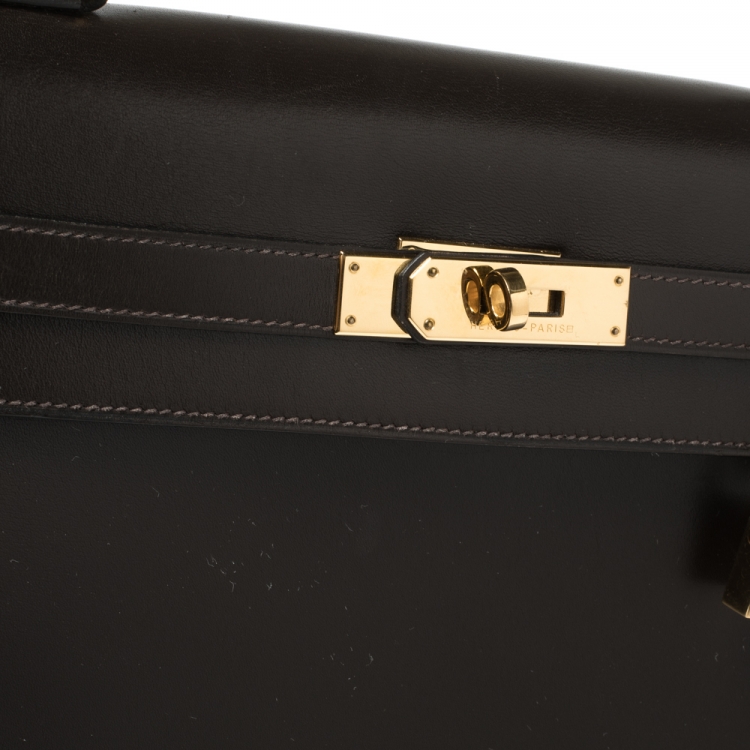 Pre Owned Hermes Cacao Box Calf Leather Gold Hardware Kelly Sellier 35 Bag