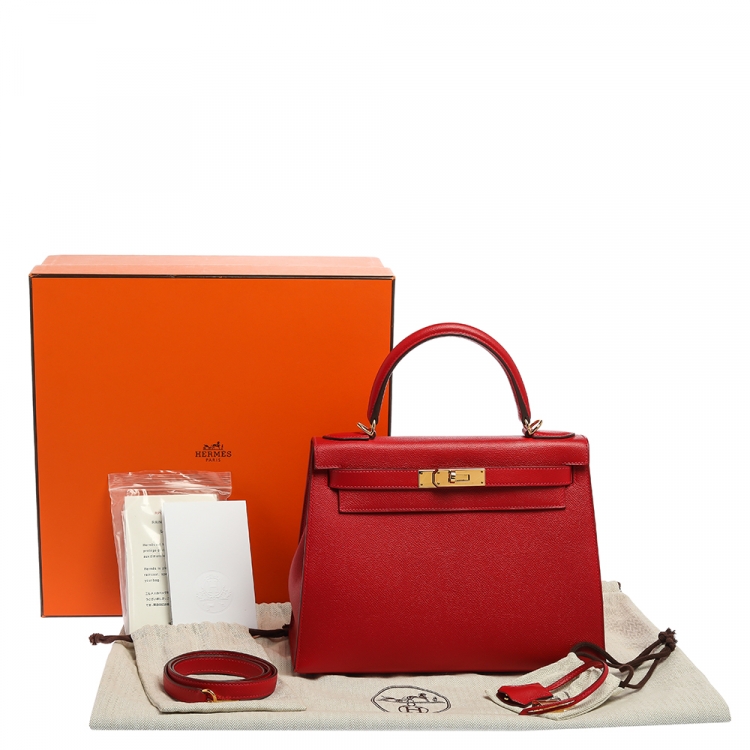 Pre Owned Hermes Rouge Casaque Epsom Leather Gold Hardware Kelly Sellier 28 Bag