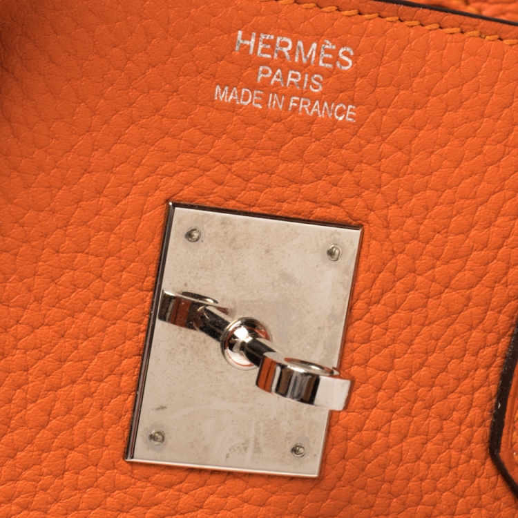 Pre Owned Hermes Orange Poppy Clemence Leather Palladium Hardware Birkin 35 Bag