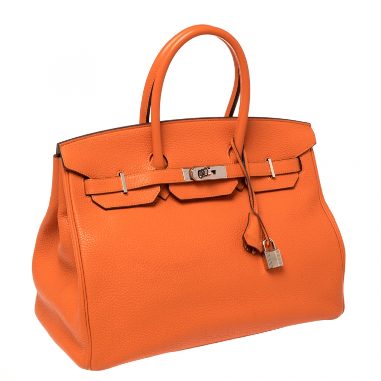 Pre Owned Hermes Orange Poppy Clemence Leather Palladium Hardware Birkin 35 Bag
