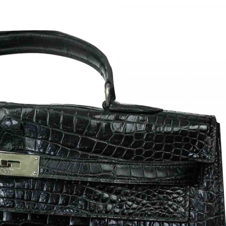 Pre Owned Hermes Black Porosus Crocodile Leather Gold Hardware Kelly Bag