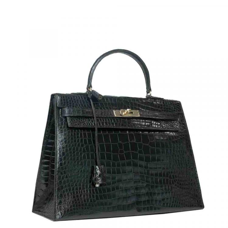 Pre Owned Hermes Black Porosus Crocodile Leather Gold Hardware Kelly Bag