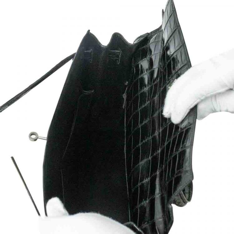 Pre Owned Hermes Black Porosus Crocodile Leather Gold Hardware Kelly Bag