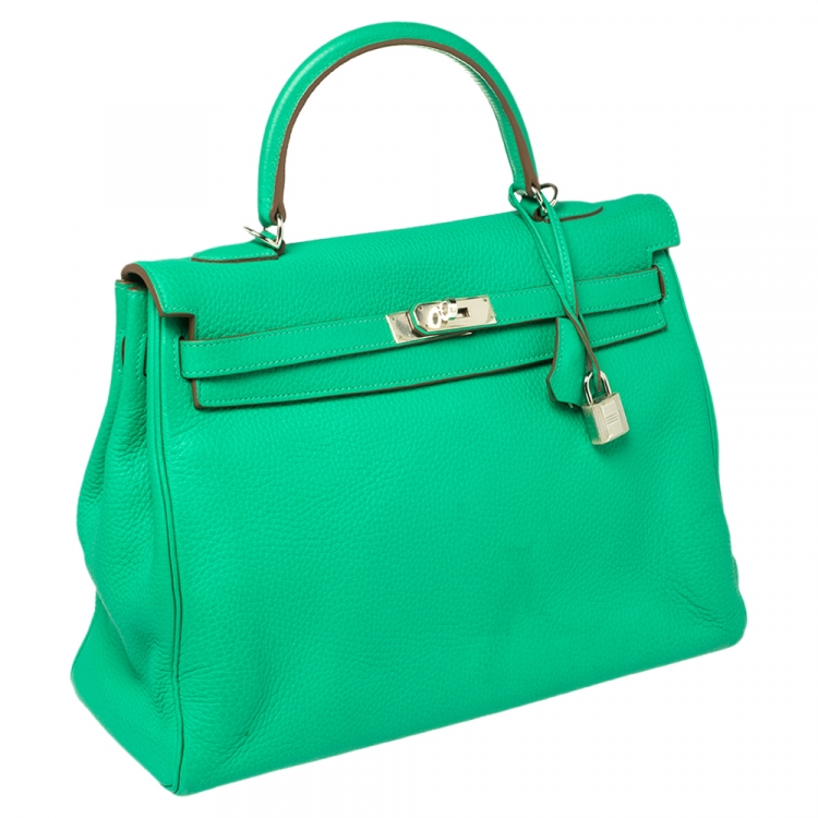 Pre Owned Hermes Menthe Taurillon Clemence Leather Palladium Finished Kelly Retourne 35 Bag