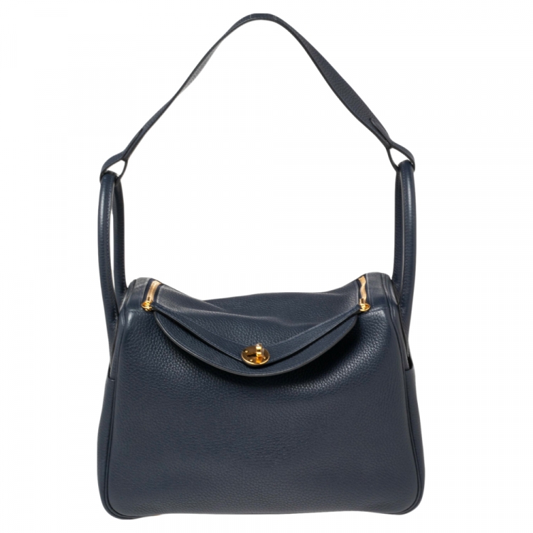 Pre Owned Hermes Blue Nuit Taurillon Clemence Gold Finish Lindy 30 Bag