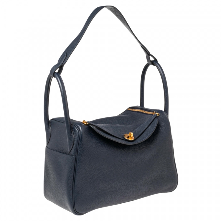 Pre Owned Hermes Blue Nuit Taurillon Clemence Gold Finish Lindy 30 Bag